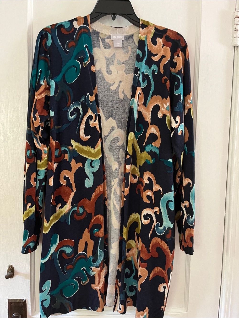 Chico's Navy Multicolor Open-Front Long Cardigan Sweater